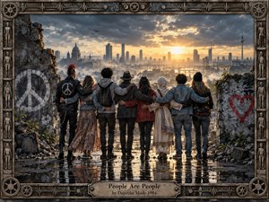 Eight diverse figures stand arm in arm amid ruined city walls, facing a glowing industrial skyline after rain. Golden sunlight breaks through storm clouds, reflecting across wet pavement and balancing gritty decay with hope. A weathered metal frame, gears, sculpted figures, graffiti, and a central title plaque create a richly textured, cinematic style.
