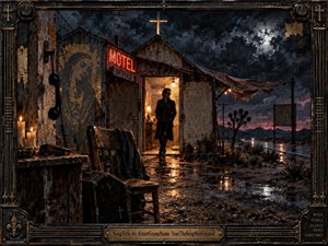 A solitary black-clad figure stands in the doorway of a weathered desert motel beneath a glowing cross and turbulent moonlit sky. Warm amber interior light contrasts with cold blue-black clouds, wet pavement, and distant mountains. Gothic industrial framing, candles, telephone imagery, distressed textures, and metallic details create a brooding, devotional noir atmosphere.