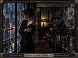 A solitary woman in a black dress stands beside rain-streaked windows overlooking a neon-lit city, while a distant man sits withdrawn in the shadowed room. Cool blues, charcoal blacks, and muted reds contrast with warm lamplight, creating intimate tension. Painterly textures, reflective glass, worn surfaces, and a dark metal frame deepen the melancholic atmosphere.