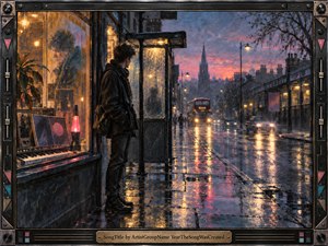 A solitary young man waits beside a rain-soaked bus shelter on a twilight city street, surrounded by glowing shop windows, wet pavement, and blurred traffic. Warm amber lights contrast with cool blue shadows and a fading pink sky, creating a wistful, expectant mood rendered in richly textured, painterly detail.