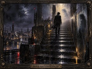 A solitary man in a long dark coat climbs rain-slick stairs above a glowing nocturnal city, moving toward a pale, mist-filled light where ghostly feminine forms linger. Rendered in richly textured, moody oil-like strokes, the scene blends charcoal blues, bronze, and amber reflections within an ornate industrial frame and engraved title plate.