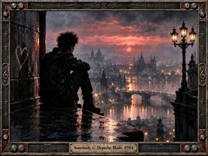A solitary dark-clad figure sits on a rain-slick rooftop overlooking a misty European city at sunset. Warm amber lights shimmer across the river beneath dramatic charcoal and crimson clouds, creating a reflective, melancholic mood. The cinematic composition is enclosed by an ornate weathered metal frame with musical details and an engraved title plate.