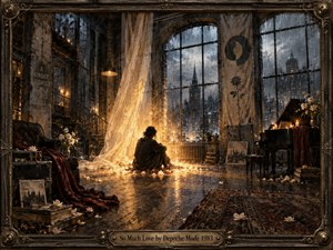 A solitary figure sits in a rain-darkened industrial loft, surrounded by scattered white flowers, glowing candles, a grand piano, worn books, and deep red fabric. Warm amber light contrasts with the stormy blue-gray city beyond towering windows, creating an intimate, melancholic atmosphere rendered with richly textured, painterly realism.