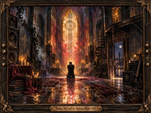 A solitary figure kneels inside a decaying gothic-industrial sanctuary, surrounded by towering speakers, candles, ironwork, and shadowed architecture. Warm amber and crimson light pours through a luminous arched window, contrasting with cool blue night beyond. Rich textures, reflective floorboards, musical hardware, and an ornate bronze-black frame create a brooding, devotional atmosphere.