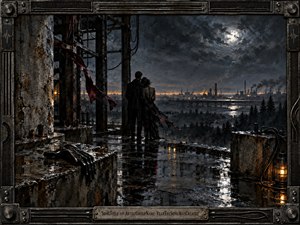 A solitary couple stands amid rain-soaked industrial ruins, overlooking a distant factory skyline beneath a turbulent moonlit sky. Deep charcoal, steel gray, and muted amber dominate the scene, while wet surfaces reflect scattered lights. The dramatic, painterly composition feels intimate yet desolate, framed by intricate dark metalwork and worn mechanical details.