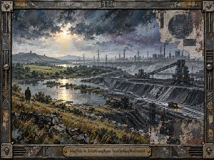 A solitary figure overlooks a river valley transformed by sprawling industry, power lines, excavated earth, and distant smokestacks. Muted greens, steel grays, and amber light create a somber, reflective mood. Textured painterly surfaces, dramatic clouds, metallic framing, and fractured industrial details emphasize tension between surviving nature and relentless development.