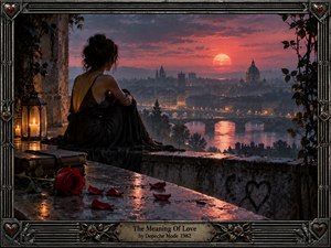 A solitary woman in a flowing black dress overlooks a misty river city at sunset, surrounded by candlelight, rain-slick stone, roses, and ivy. Deep reds, charcoal blacks, and warm gold reflections create a romantic, melancholy mood. An ornate metallic frame with heart motifs and engraved title plate completes the cinematic, gothic-inspired artwork.