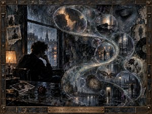 A solitary figure sits beside a rain-streaked window as translucent memories spiral through the room in a luminous S-curve. Shadowed streets, empty chairs, roses, clocks, photographs, and distant silhouettes emerge inside glassy bubbles. Deep charcoal, blue, bronze, and amber tones create a melancholic, nocturnal atmosphere framed in ornate industrial metalwork.