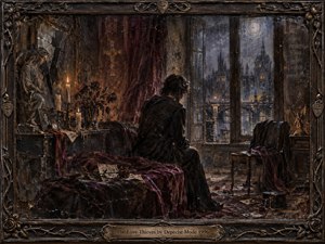 A solitary figure sits beside a rain-streaked window in a dark, ornate room overlooking a gothic city. Deep burgundy fabrics, bronze details, candles, wilted roses, scattered photographs, and religious statuary create a mournful atmosphere. Warm candlelight contrasts with cold moonlight, while the richly textured, painterly style suggests grief, memory, and stolen intimacy.