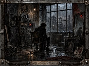A solitary figure sits hunched in a decaying industrial rehearsal room, surrounded by battered speakers, tangled cables, amplifiers, and a leaning guitar. Rain streaks tall factory windows beneath cold gray light, while faint red indicators glow through the gloom. Heavy metal framing, wet reflections, and distressed textures create bleak, claustrophobic melancholy.