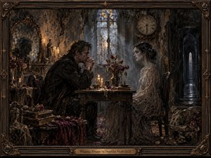 A solemn man and spectral woman face each other across a candlelit table in a decaying Gothic chamber, surrounded by wilted roses, cracked plaster, clocks, mirrors, and shadowed relics. Muted bronze, charcoal, and burgundy tones deepen the melancholy, while cold window light and painterly textures evoke intimacy, silence, memory, and emotional distance.