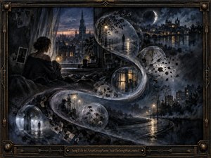 A solitary figure waits beside a rain-darkened window as a moonlit city unfolds through drifting glasslike memory bubbles. Deep blues, charcoal blacks, and muted bronze create a quiet, nocturnal mood. An elegant S-curve guides the eye through clocks, streets, reflections, and distant silhouettes, framed by ornate dark metalwork.