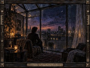 A solitary figure sits beside rain-streaked glass, gazing across a twilight city beneath a slender crescent moon. Deep indigo, violet, and amber tones create a hushed, introspective mood. Warm interior lamps contrast with the cool skyline, while textured brushwork, reflections, plants, worn furnishings, and an ornate industrial frame enrich the nocturnal atmosphere.