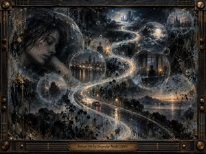 A sleeping woman emerges from a dark, dreamlike nightscape where a luminous S-curving road winds through mist, city lights, moonlit clouds, and floating memory bubbles. Deep blues, charcoal, silver, and amber create a melancholy glow, while textured mixed-media surfaces, reflective details, and an industrial bronze frame intensify the haunting, cinematic atmosphere.