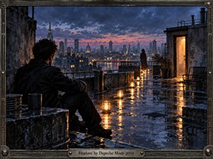 A solitary man sits on a rain-soaked rooftop, facing a distant woman and glowing city skyline beneath a stormy blue-violet sky. Warm lanterns trace a reflective path across wet concrete, contrasting with cool urban shadows. Painterly realism, weathered metal textures, atmospheric haze, and an industrial frame create a tender, melancholic mood.