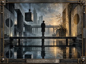 A solitary figure stands balanced on a narrow bridge above dark reflective water, framed by stark industrial architecture. Cool blue-gray concrete and steel contrast with warm amber light, sparse foliage, and a low sun. Textured painterly surfaces, mist, geometric forms, and a mechanical metal frame create a tense, contemplative atmosphere.