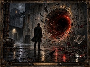 A solitary figure stands in a rain-dark industrial courtyard, facing a vast ember-red vortex carved into weathered concrete. Wet pavement mirrors crimson and cold moonlight while feathers, petals, papers, and debris spiral inward. Rusted pipes, fog, broken reflections, and an ornate metal frame create a tense, gothic, handcrafted atmosphere.