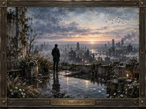 A solitary figure stands on a rain-soaked rooftop garden overlooking a misty industrial city at dawn. Cool slate blues and charcoal tones soften into pale gold and rose at the horizon. White flowers, reflective puddles, drifting birds, and warm lantern light create a quiet, hopeful mood in a richly textured painterly style.