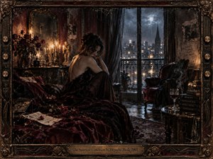 A solitary woman sits curled on a burgundy bed in a decaying candlelit boudoir, framed by rain-streaked windows and a distant nocturnal city. Deep reds, black, tarnished gold, and icy blue create a sensual, melancholy mood. Roses, mirrors, smoke, velvet, and weathered ornament give the scene a richly textured gothic-romantic character.