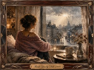 A woman wrapped in a soft rose sweater sits quietly beside a rain-streaked window, overlooking a gray city glowing beneath breaking sunlight. Warm candlelight, a teacup, dried flowers, and muted browns contrast with the cool rainy skyline. Watercolor textures create tenderness, framed by ornate rosewood, brass, and musical-string details.