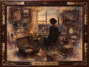 A solitary woman sits beside an open suitcase, gazing through a twilight window as framed memories fade across the surrounding walls. Warm sepia, amber, violet, and muted blue tones create a reflective, transient mood. Watercolor washes and painterly textures soften the scene, enclosed by an ornate rosewood, piano-key, and gold-inlaid frame.