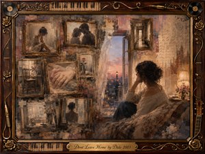 A solitary woman sits beside an open window at twilight, surrounded by faded rosewood-framed memories of love, loneliness, and quiet interiors. Warm sepia, amber, rose, and muted blue tones create a tender, melancholic mood. Layered oil, acrylic, and watercolor textures blend softly beneath an ornate musical frame and engraved title plate.