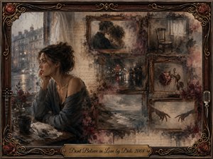 A solitary woman sits beside a rain-streaked window, surrounded by faded photographs and ornate rosewood-framed memories of intimacy, distance, and loss. Muted browns, smoky grays, burgundy roses, and soft amber highlights create a melancholic atmosphere. Painterly textures blend oil, acrylic, and watercolor, while musical details enrich the elaborate vintage frame.