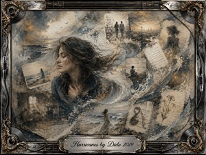A windswept woman stands amid a turbulent collage of ocean waves, faded photographs, handwritten letters, and distant memories. Muted blue-gray, sepia, cream, and gold tones create a melancholy, reflective mood. Painterly textures blend oil and watercolor effects, framed by ornate metallic detailing, vinyl records, strings, and an elegant engraved title plate.