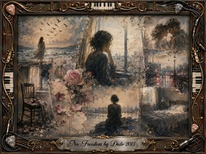 A solitary woman drifts through layered memories of shoreline, rainlit city streets, empty rooms, faded roses, and a tender embrace. Muted blues, sepia, dusty pink, and cream glow beneath soft, diffused light. Painterly watercolor and oil textures dissolve together inside an ornate rosewood-and-gold musical frame, creating a wistful, intimate atmosphere.