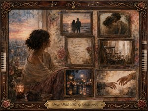 A contemplative woman sits beside a rain-streaked window, surrounded by rosewood-framed memories of love, distance, and longing. Warm sepia, dusty rose, amber, and blue-gray tones blend through oil, acrylic, and watercolor textures. Candlelight softens the nostalgic collage, while musical details and an ornate engraved frame deepen its tender, wistful atmosphere.