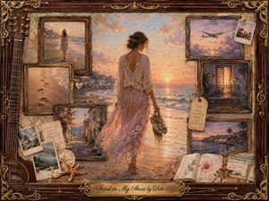 A woman walks barefoot along a glowing sunset beach, carrying sand-filled shoes as faded travel memories surround her in vintage rosewood frames. Warm coral, gold, lavender, and sea-blue tones create a wistful, romantic mood. Painterly oil, acrylic, and watercolor textures blend with photographs, tickets, shells, maps, and ornate musical details.