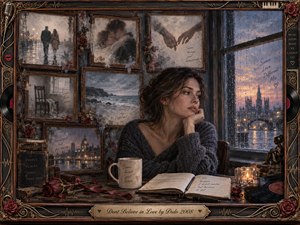 A contemplative woman sits beside a rain-streaked window, surrounded by faded framed memories of love, travel, and separation. Muted blues, charcoal grays, sepia browns, and soft candlelight create a wistful, intimate mood. Painterly textures, roses, records, handwritten notes, and an ornate music-themed frame reinforce nostalgia, doubt, and emotional distance.
