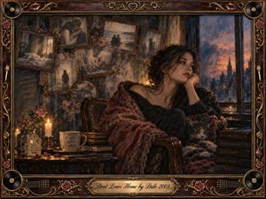 A solitary woman rests beside a twilight window, wrapped in a deep burgundy shawl while a sleeping cat curls nearby. Candlelight warms the intimate room, contrasting with the blue-orange dusk outside. Faded framed memories, roses, books, records, and ornate gold details create a nostalgic, melancholic oil-painted atmosphere of longing and emotional confinement.