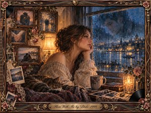 A wistful woman rests beside a rain-streaked window overlooking a glowing waterfront city at night. Warm amber lamplight contrasts with cool blue reflections outside, creating a tender, lonely mood. Vintage framed memories, roses, photographs, records, and musical ornaments surround her in a richly textured, romantic painterly collage.