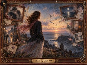 A windswept woman stands above a moonlit sea at sunset, surrounded by fading framed memories of romance, city streets, and quiet rooms. Warm gold, rose, blue, and charcoal tones create a wistful, searching mood. Painterly textures, drifting birds, flowers, musical details, and an ornate rosewood frame deepen the nostalgic atmosphere.