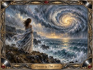 A solitary woman stands on a windswept rocky cliff, facing a vast spiraling hurricane over a turbulent sea. Storm blues, slate grays, sea greens, and warm golden light create a haunting yet hopeful mood. Painterly textures, crashing waves, flowing fabric, musical frame details, red lips, and an engraved title plate complete the dramatic composition.