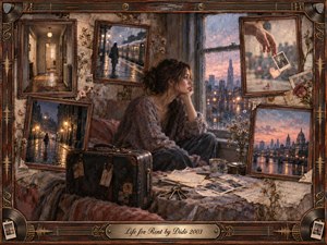 A wistful young woman sits beside a rain-streaked window in a temporary apartment, surrounded by faded framed memories of trains, streets, hallways, and distant city lights. Muted rosewood, amber, blue-gray, and sepia tones glow softly through painterly oil, acrylic, and watercolor textures, creating an intimate mood of longing, impermanence, and reflection.