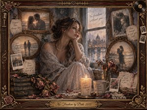A wistful woman sits beside a rain-softened window, surrounded by framed memories, faded photographs, handwritten notes, wilted roses, books, and candlelight. Dusty rose, sepia, gray-blue, and amber tones deepen the melancholy. Painterly textures blend oil, acrylic, and watercolor, enclosed by an ornate rosewood-and-gold musical frame.