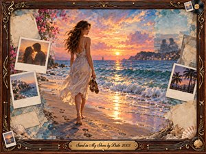 A barefoot woman in a flowing white dress walks along a glowing sunset beach, carrying her sandals and looking wistfully toward the sea. Warm gold, coral, turquoise, and lavender tones illuminate waves and wet sand. Faded photographs, shells, and musical details surround the romantic painterly scene within an ornate vintage frame.