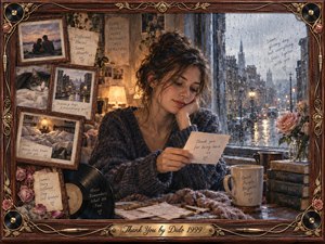 A thoughtful woman sits beside a rain-streaked city window, reading a small note with a gentle smile. Vintage rosewood frames, photographs, roses, books, a record, and handwritten messages surround her. Cool blue-gray rain contrasts with warm amber lamplight, creating a nostalgic, tender collage blending oil, acrylic, and watercolor textures.