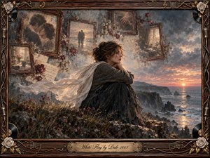 A solitary woman sits on a windswept seaside cliff at sunset, wrapped in a flowing white scarf as faded romantic memories hover behind her in antique frames. Muted blues, smoky grays, warm golds, and rose accents create a wistful mood. Painterly textures, soft light, roses, records, microphones, and musical inlay enrich the ornate frame.
