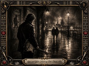 A solitary guitarist watches two figures disappear along a rain-soaked city promenade, creating a mood of longing, distance, and quiet reflection. Deep charcoal textures, smoky grays, warm streetlights, and shimmering pavement shape the nocturnal scene. An ornate gold-and-chrome musical frame, red lips, guitar details, and engraved title plate complete the composition.