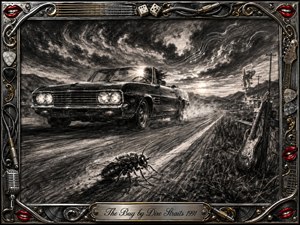 A speeding vintage convertible charges down a lonely highway beneath a turbulent charcoal sky, while an oversized insect dominates the foreground with ironic tension. Deep blacks, smoky grays, glowing highlights, and feathered textures create restless motion. An ornate chrome-and-gold musical frame surrounds the scene, with guitars, cables, picks, dice, and vivid red lips.