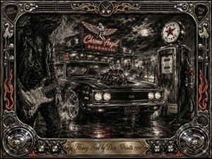 A brooding charcoal rock tableau centers on a chrome muscle car outside a neon-lit roadside roadhouse, flanked by a shadowed guitarist and vintage gas pump. Wet pavement, smoke, metallic highlights, and restrained red accents create a gritty nocturnal swagger, enclosed by an ornate chrome-and-gold music-themed frame with engraved title plate.