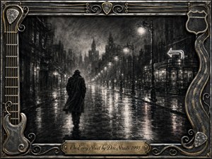 A solitary figure walks down a rain-soaked city street at night, surrounded by glowing lamps, misty buildings, and shimmering reflections. Deep charcoal textures and silvery grayscale tones create a melancholic, cinematic mood. An ornate chrome-and-gold frame incorporates guitar strings, picks, road motifs, and an engraved title plate.