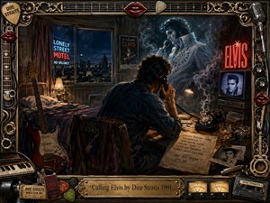 A lone man sits in a shadowy motel room, speaking into a rotary telephone as a ghostly Elvis apparition rises through swirling smoke. Warm amber lamps contrast with cool blue city lights and vivid red neon. Richly detailed digital painting, vintage guitars, records, microphones, memorabilia, and an ornate gold-and-chrome frame deepen the nostalgic, mysterious mood.