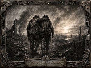 Two weary soldiers support one another across a shattered battlefield beneath a smoke-filled sky, embodying brotherhood, loss, and endurance. Deep charcoal textures, muted grays, and faint sepia highlights create a somber atmosphere. An ornate weathered metal frame features dog tags, guitar strings, barbed wire, musical details, and an engraved title plate.
