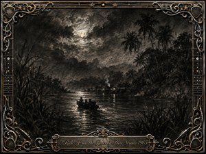 A shadowy boat glides across a moonlit tropical river, surrounded by dense palms, reeds, mist, and distant glowing lights. Deep feathered charcoal textures create a mysterious, tense atmosphere, enriched by smoky grays and subtle sepia highlights. An ornate metallic music-themed frame with gold inlay, guitar details, and an engraved title plate completes the composition.