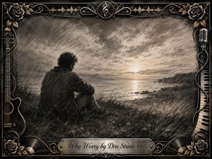 A solitary figure sits on a windswept coastal bluff, gazing toward a softly glowing horizon beneath layered charcoal clouds. Deep blacks, smoky grays, and muted gold highlights create a reflective, reassuring mood. An ornate musical frame surrounds the scene with roses, guitar, piano, microphone, vinyl motifs, and an engraved title plate.
