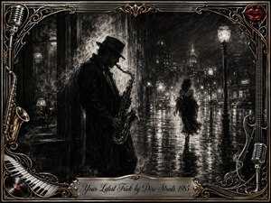 A solitary saxophonist plays beneath rain-darkened city lights as an elegant woman disappears along the reflective street. Deep feathered charcoal creates a smoky, bittersweet noir mood, accented by silver, gold, and red details. An ornate musical frame surrounds the scene, with microphones, piano keys, vinyl, saxophones, and an engraved title plate.